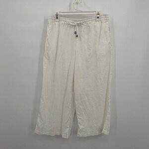 Kenar Womens White 100% Linen Wide Leg Drawstring Cropped Pants Size Large